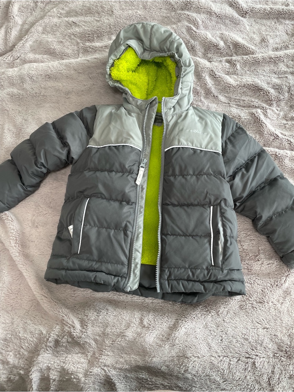 Eddie Bauer Gray Puffer Jacket with Lime Green Lining